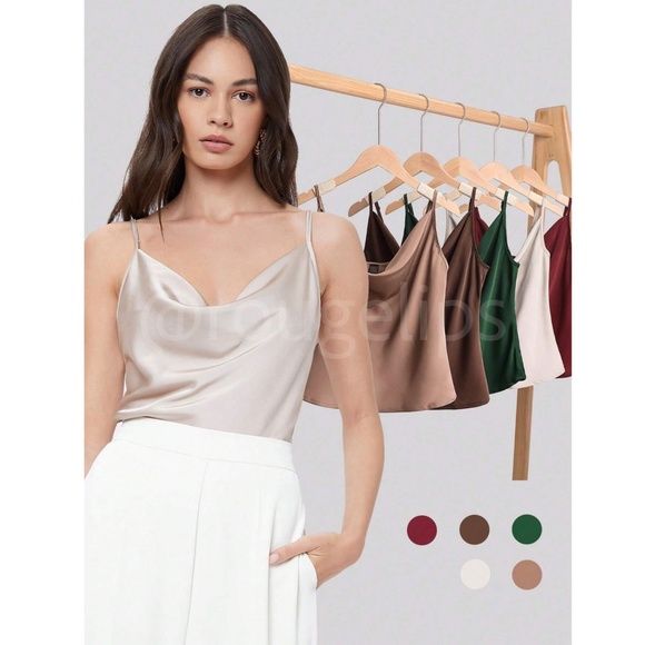 Beige Glamorous Cowl Neck Spaghetti Straps Camisole Top Cami, Draped - Picture 9 of 10